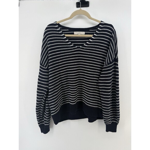 Loft Striped long Sleeve V Neck Sweater Womens XL blue white coastal short - Picture 1 of 9